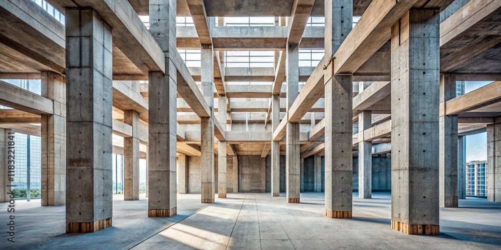 Fototapeta premium Minimalist Concrete Skyscraper Construction: Unfinished Building Frame, Columns, and Formwork