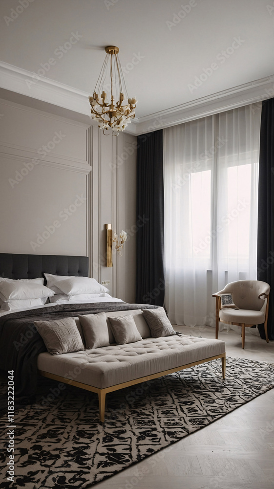 Fototapeta premium Designer modern bedroom in black and white tones with expansive windows stylish furniture and minimalist decor Contemporary Interior Design Inspiration