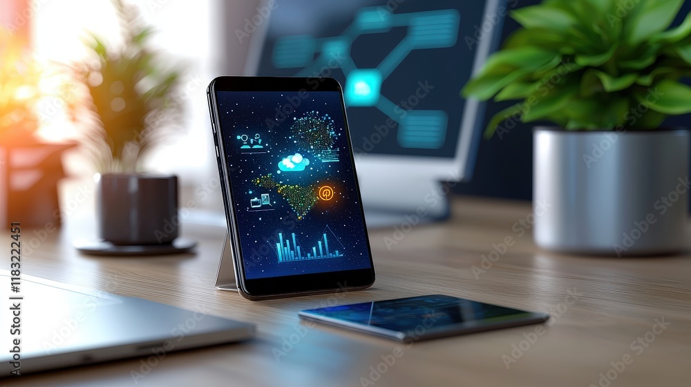 A professional office setup with a smartphone showing social media analytics A professional office setup with a smartphone showing social media analytics