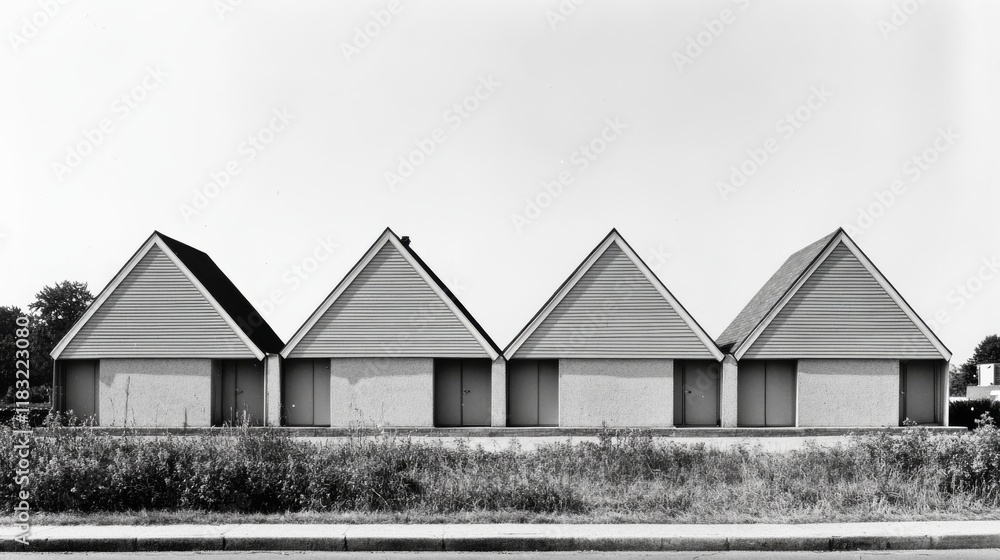 Fototapeta premium 80.Four identical square-shaped houses with triangle roofs, each with plain siding and a single central door, arranged side-by-side in a straight row.