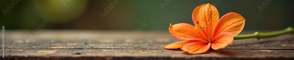 Delicate orange blossom on wooden desk surface, elegant, texture Delicate orange blossom on wooden desk surface, elegant, texture