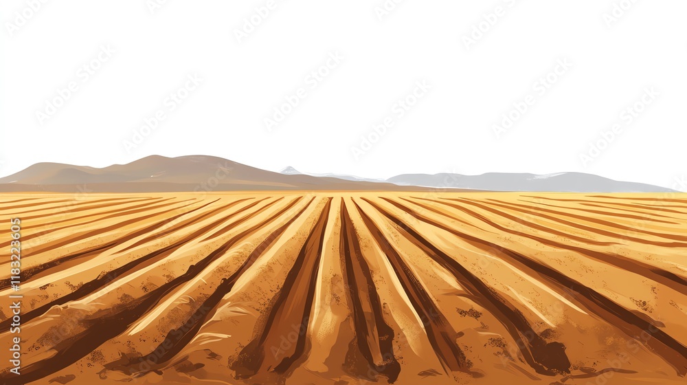 Naklejka premium a 2D cartoon illustration of a plowed field ready for planting, neat and organized, white background--ar 16:9