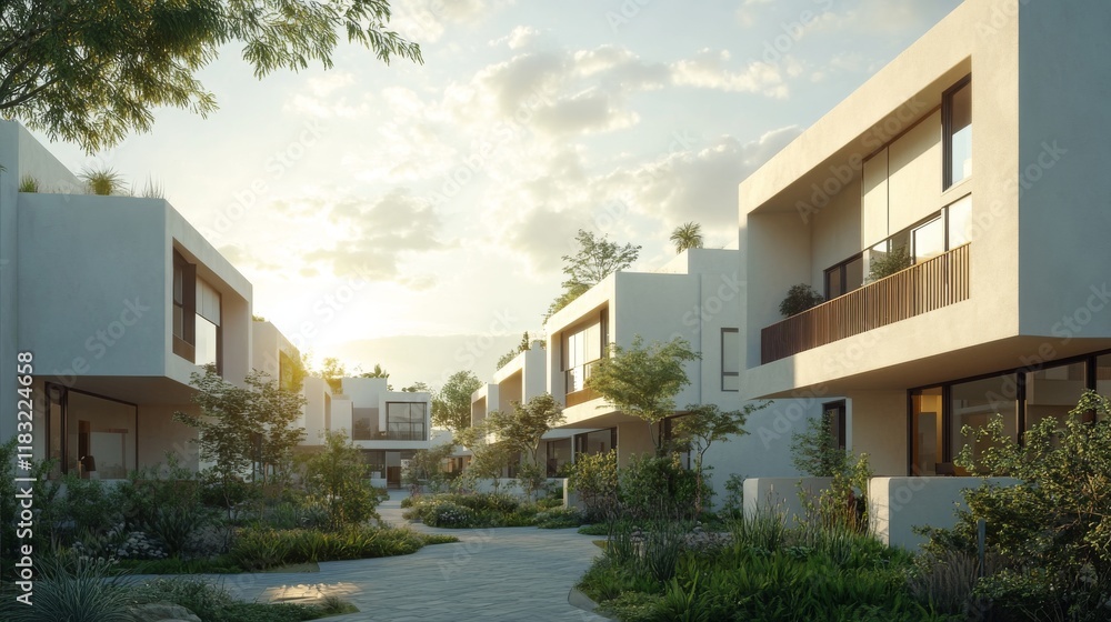 94.A new housing development showcasing multiple residential units, each with minimalist design, smooth white facades, and small garden areas, viewed from a low angle against a bright sky. 94.A new housing development showcasing multiple residential units, each with minimalist design, smooth white facades, and small garden areas, viewed from a low angle against a bright sky.