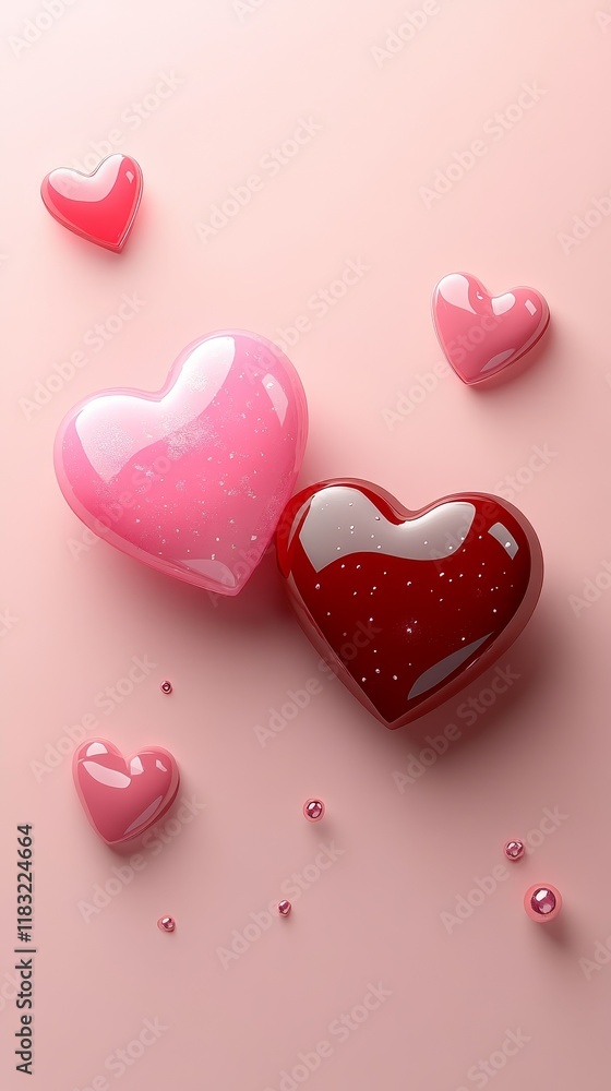 Obraz premium Minimalist hearts on a soft light pink background, creating an elegant Valentine’s Day design, symbolizing love, affection, romance, and connection in a simple and charming way.