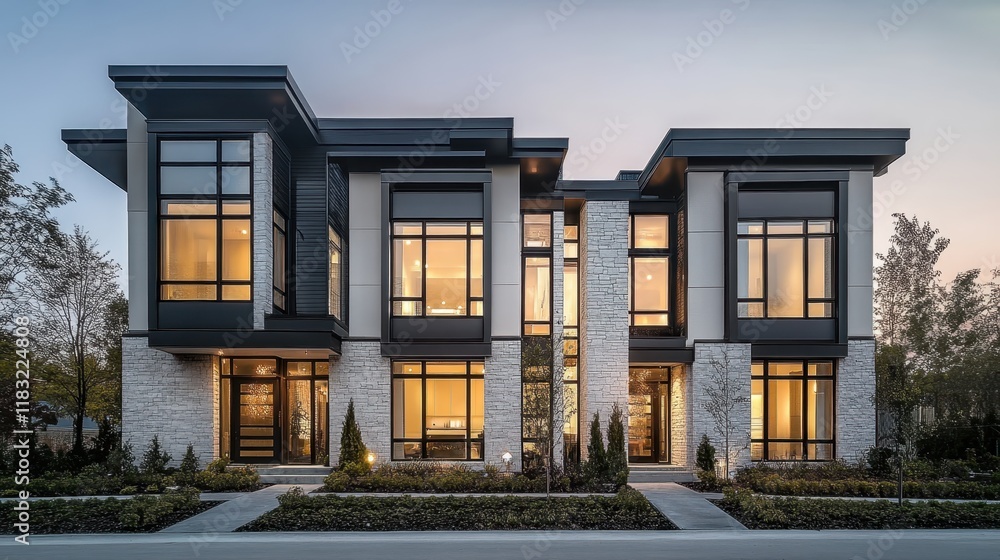 Fototapeta premium Modern townhouses, twilight, urban architecture, glass facades, warm interior lighting, contemporary design, angular structures, geometric shapes, minimalist aesthetic, landscaped vegetation, upscale 