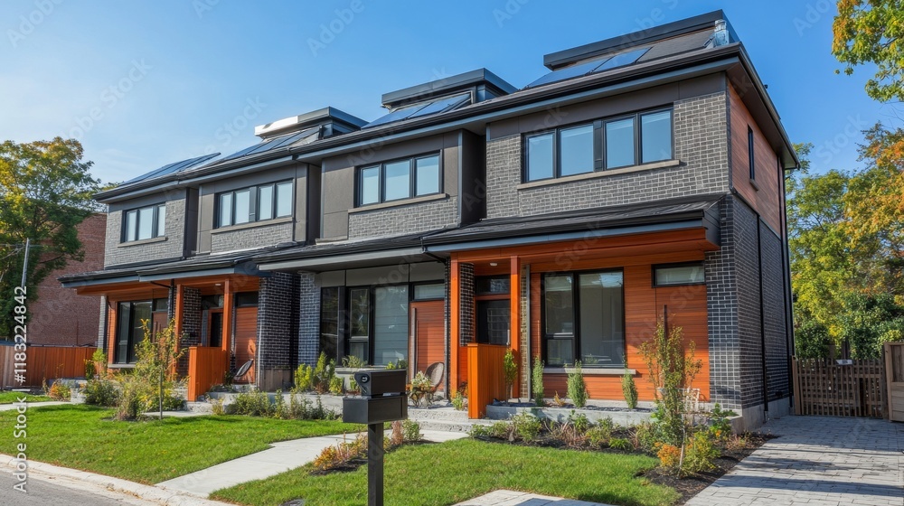 66.A pair of semi-detached houses featuring high-performance insulation, a clean and modern aesthetic, and a landscaped yard with native plants for water conservation. 66.A pair of semi-detached houses featuring high-performance insulation, a clean and modern aesthetic, and a landscaped yard with native plants for water conservation.