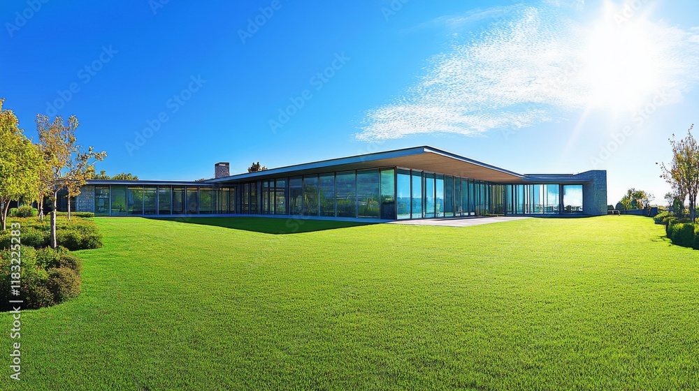 54.A panoramic view of a modern residential property with clean lines, ample use of glass and metal, and a perfectly manicured lawn under a bright, clear sky. 54.A panoramic view of a modern residential property with clean lines, ample use of glass and metal, and a perfectly manicured lawn under a bright, clear sky.