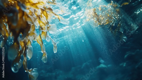 Underwater kelp forest, sunlight beams through the water. photo