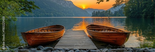 Two Wooden Boats at Sunrise on a Calm Lake photo