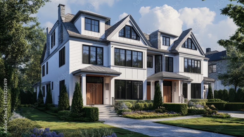 105.A realistic 3D-rendered twin house with sleek white walls, wooden panels, and expansive windows, set within a quiet suburban neighborhood. 105.A realistic 3D-rendered twin house with sleek white walls, wooden panels, and expansive windows, set within a quiet suburban neighborhood.