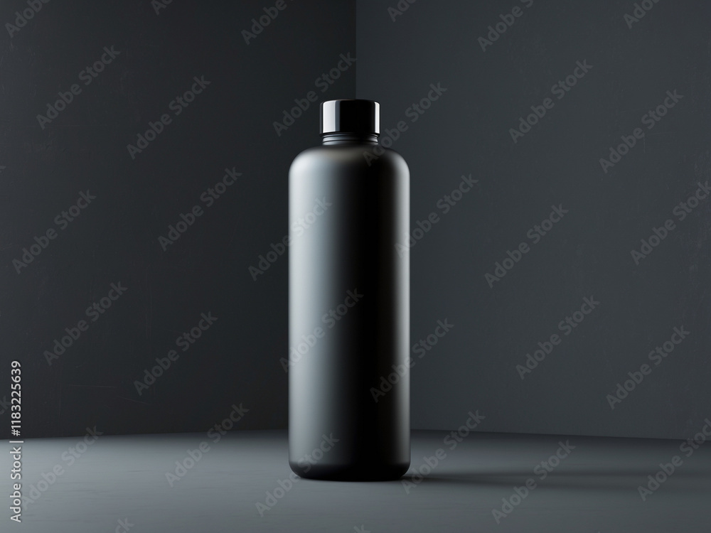 A vertically oriented matte black cylindrical bottle with a minimalist design, standing against a dark background, perfect for showcasing luxury or premium product packaging in the cosmetics. A vertically oriented matte black cylindrical bottle with a minimalist design, standing against a dark background, perfect for showcasing luxury or premium product packaging in the cosmetics.