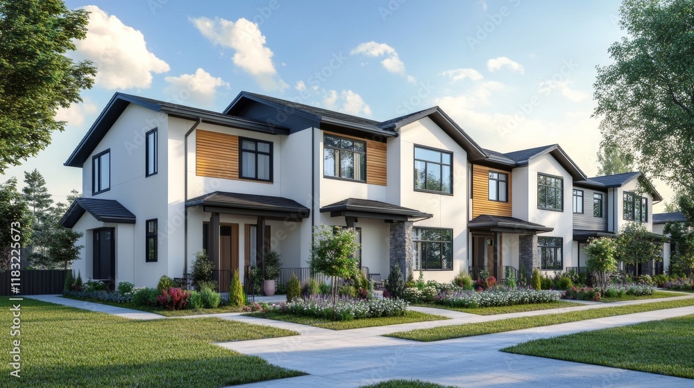 105.A realistic 3D-rendered twin house with sleek white walls, wooden panels, and expansive windows, set within a quiet suburban neighborhood. 105.A realistic 3D-rendered twin house with sleek white walls, wooden panels, and expansive windows, set within a quiet suburban neighborhood.
