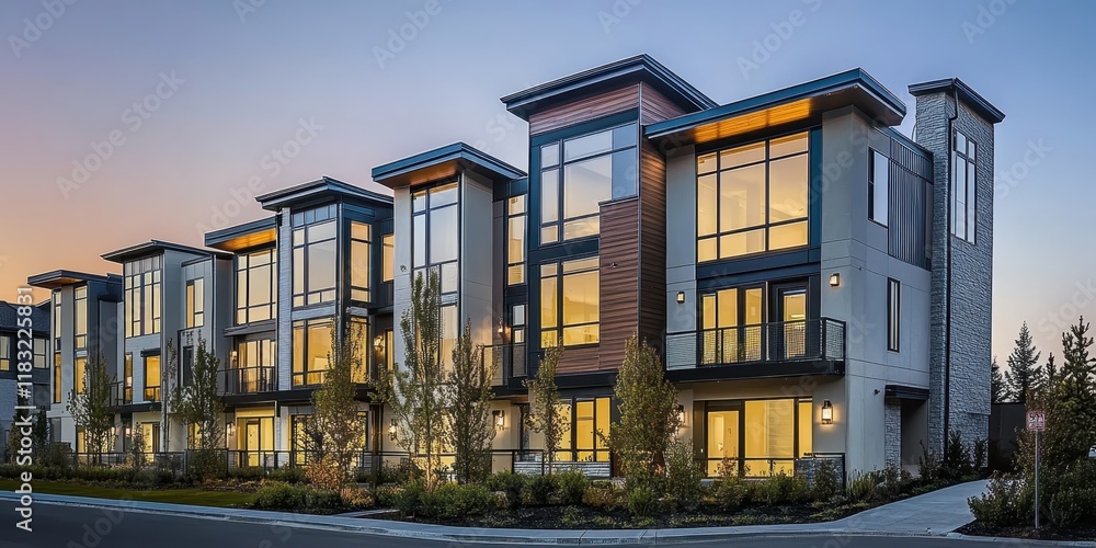 Modern townhouses, twilight, urban architecture, glass facades, warm interior lighting, contemporary design, angular structures, geometric shapes, minimalist aesthetic, landscaped vegetation, upscale Modern townhouses, twilight, urban architecture, glass facades, warm interior lighting, contemporary design, angular structures, geometric shapes, minimalist aesthetic, landscaped vegetation, upscale