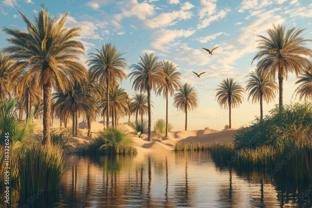 Obraz premium Serene Desert Oasis with Palm Trees at Golden Hour