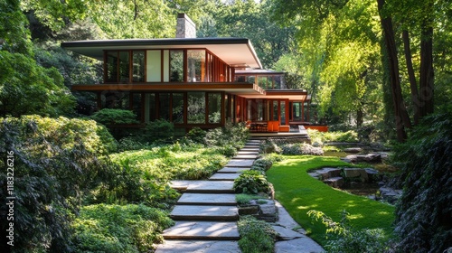 51.A serene view of a contemporary house, showcasing a cantilevered structure with sharp lines, expansive windows, and a light stone pathway leading through a lush garden. photo