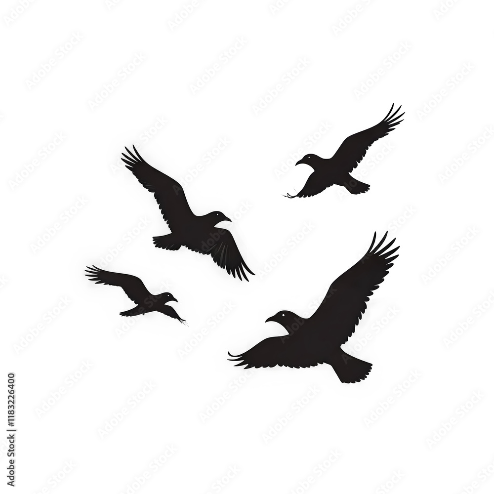 Fototapeta premium silhouettes of birds, Four Black Bird Silhouettes in Flight on Transparent Background