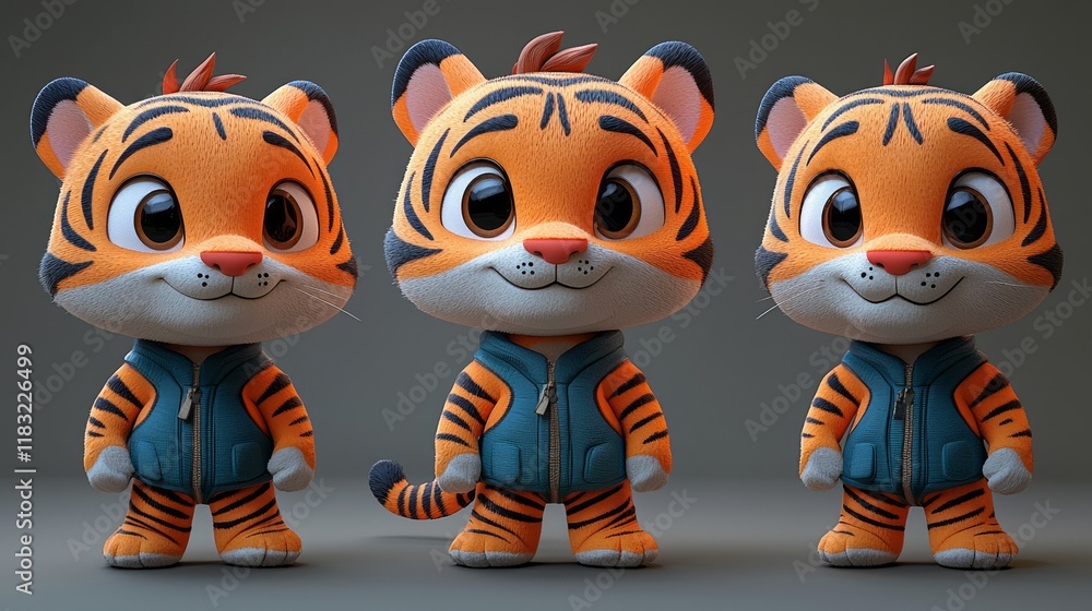 Fototapeta premium Three adorable cartoon tiger cubs in blue jackets, shown from different angles.