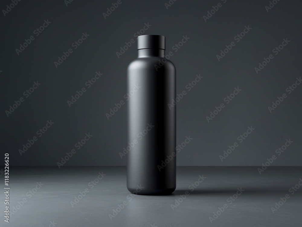 A vertically oriented matte black cylindrical bottle with a minimalist design, standing against a dark background, perfect for showcasing luxury or premium product packaging in the cosmetics. A vertically oriented matte black cylindrical bottle with a minimalist design, standing against a dark background, perfect for showcasing luxury or premium product packaging in the cosmetics.