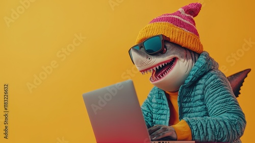 Shark in Winter Hat Uses Laptop