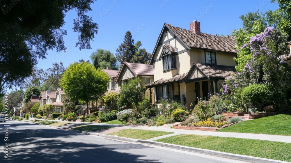 112.A suburban street with a mix of housing types, including two-story family homes, single-story bungalows, and modern townhouses, surrounded by greenery and vibrant neighborhood life. 112.A suburban street with a mix of housing types, including two-story family homes, single-story bungalows, and modern townhouses, surrounded by greenery and vibrant neighborhood life.