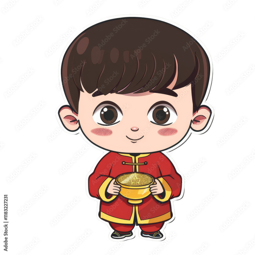 A cute cartoon boy in a traditional Chinese outfit holding a bowl of gold. A cute cartoon boy in a traditional Chinese outfit holding a bowl of gold.