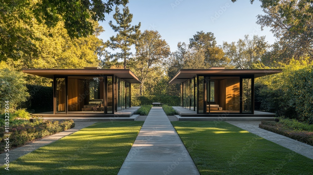 88.A side-by-side view of twin homes with symmetrical designs, expansive glass doors opening to private terraces, and soft afternoon light creating long shadows. 88.A side-by-side view of twin homes with symmetrical designs, expansive glass doors opening to private terraces, and soft afternoon light creating long shadows.