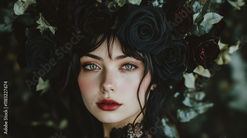 Wallpaper Mural Mysterious woman with dark flowers in an enchanting forest setting during twilight hours Torontodigital.ca