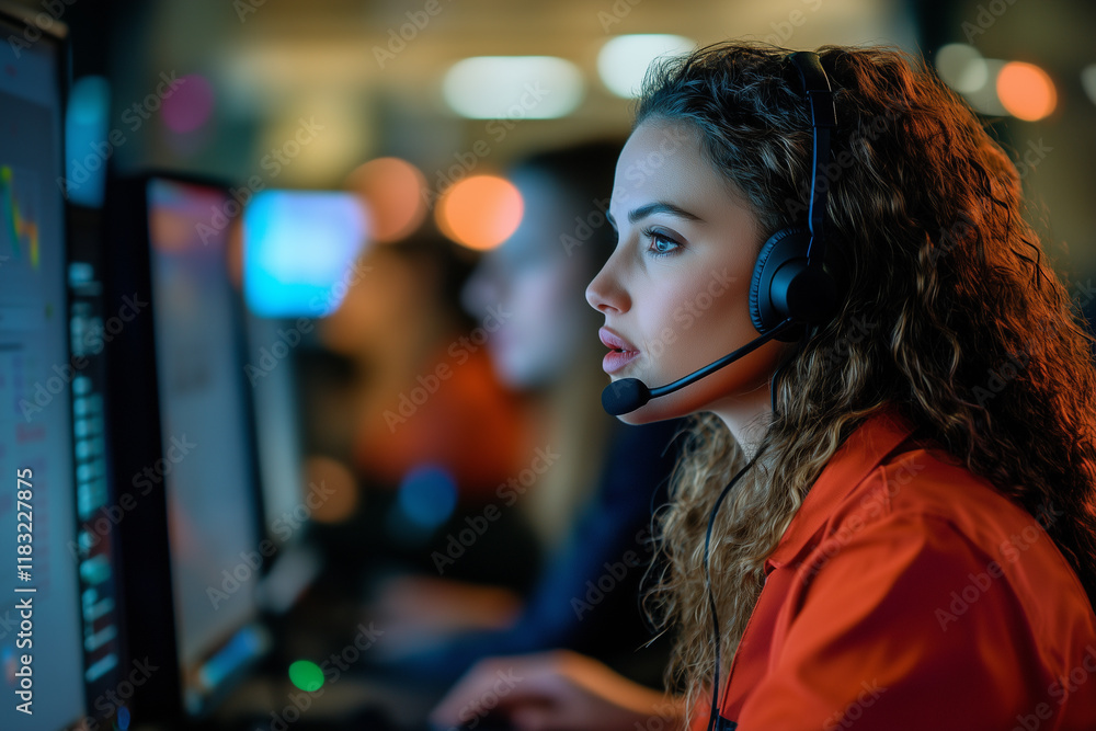 Call center agent with headset working on support hotline, IT support, Call center, Technical support concept.