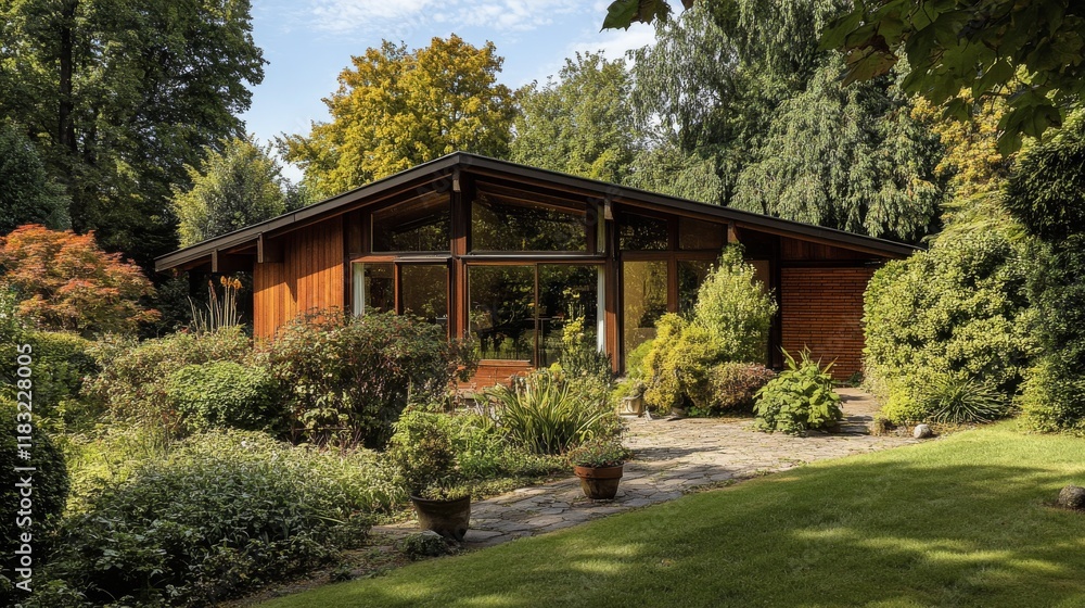 60.A well-maintained wooden house in a modern Esslingen suburb, with distinct contemporary lines, large windows, and a small patio area surrounded by trees and shrubs. 60.A well-maintained wooden house in a modern Esslingen suburb, with distinct contemporary lines, large windows, and a small patio area surrounded by trees and shrubs.
