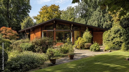 Wallpaper Mural 60.A well-maintained wooden house in a modern Esslingen suburb, with distinct contemporary lines, large windows, and a small patio area surrounded by trees and shrubs. Torontodigital.ca