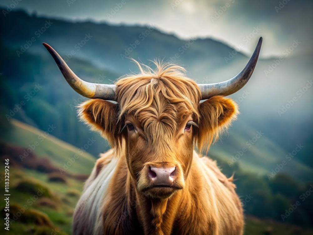 Minimalist Highland Cow Portrait: Lone Highland Cattle in Misty Scottish Highlands Minimalist Highland Cow Portrait: Lone Highland Cattle in Misty Scottish Highlands