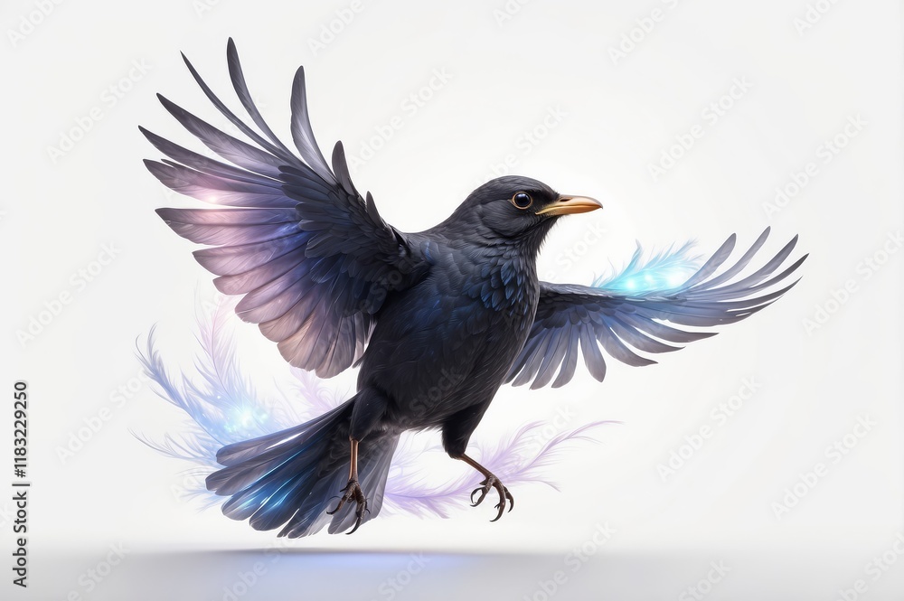 Fototapeta premium Black bird in flight, wings spread, ethereal glow.