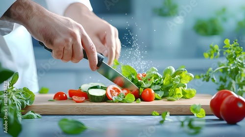 A chef's hands skillfully chopping colorful vegetables with a sharp knife on a clean wooden board. The kitchen is bright, tidy, and filled with stainless steel tools.