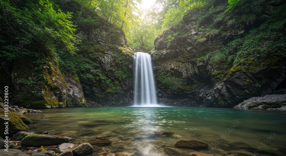 Fototapeta premium A pristine mountain waterfall cascading into a crystal-clear pool, surrounded by moss-covered rocks and dense foliage