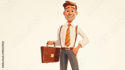 a 2D cartoon illustration of a businessman holding a briefcase, smiling and confident, white background--ar 16:9