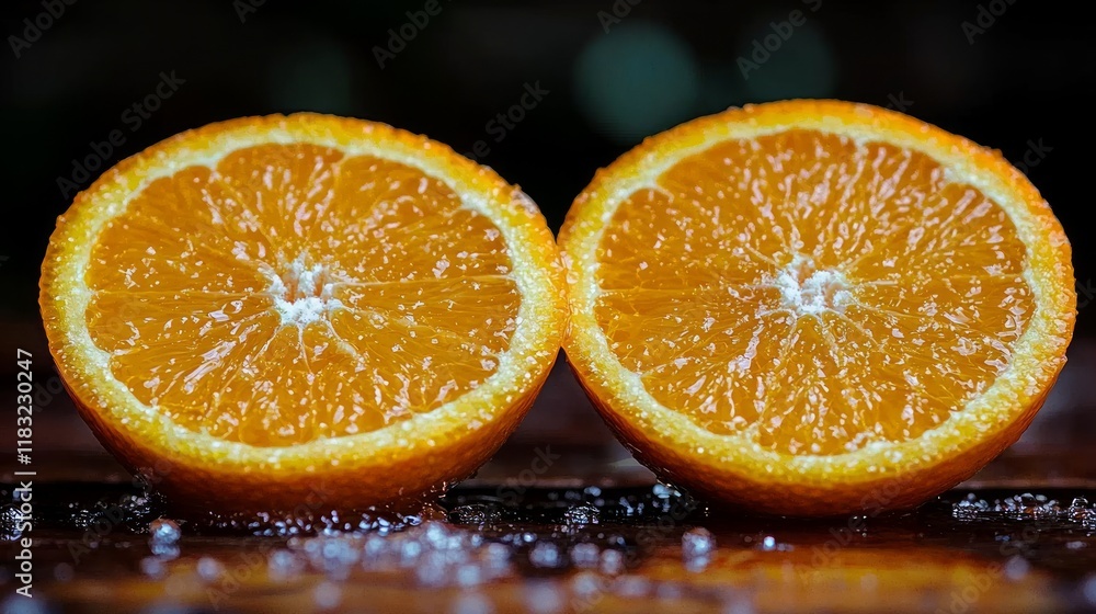 Two halves of a juicy orange on a dark wooden surface, glistening with moisture. Two halves of a juicy orange on a dark wooden surface, glistening with moisture.