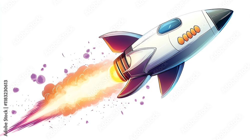 Naklejka premium a 2D cartoon illustration of a startup rocket launching, entrepreneurship and innovation, white background--ar 16:9