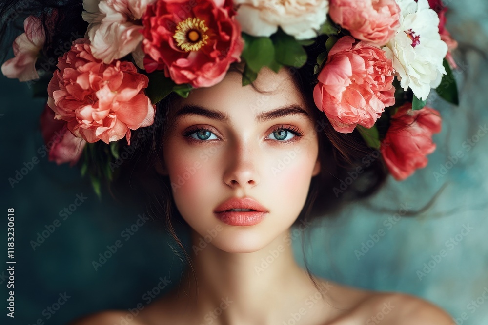 Portrait of a young woman adorned with a vibrant floral crown against a softly colored background Portrait of a young woman adorned with a vibrant floral crown against a softly colored background
