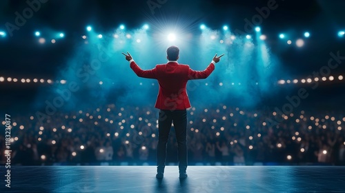 A speaker in a suit stands confidently on stage, addressing an audience. The spotlight creates a dramatic yet empowering atmosphere.