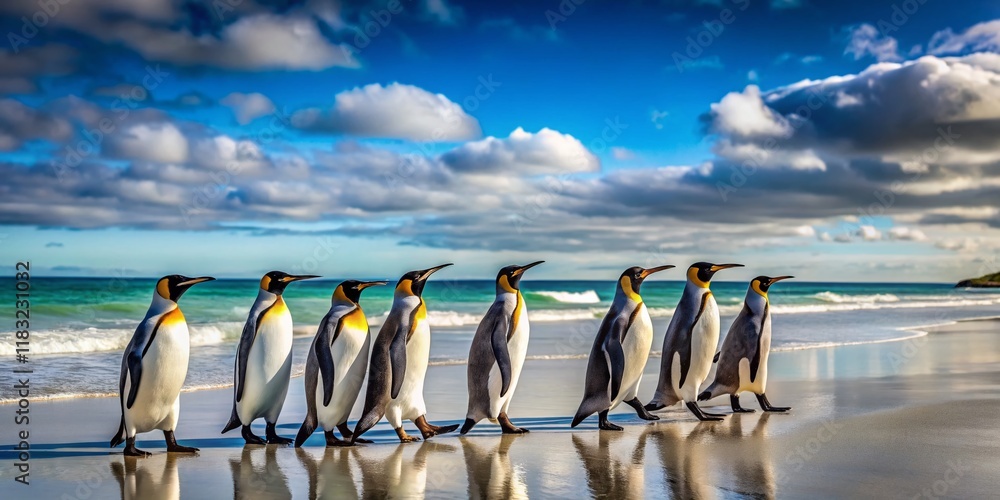 Obraz premium Minimalist King Penguin Colony Walk, Volunteer Point, Falkland Islands