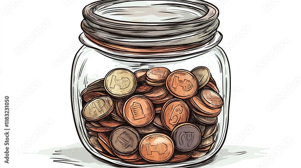 a 2D cartoon illustration of a savings jar filled with coins, financial planning and saving, white background--ar 16:9 a 2D cartoon illustration of a savings jar filled with coins, financial planning and saving, white background--ar 16:9