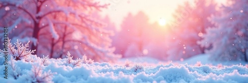 Frosty morning with pastel pink winter sky and falling snowflakes, background, morning