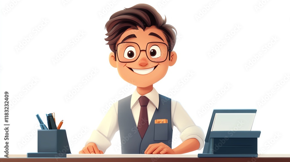 a 2D cartoon illustration of a smiling bank teller behind a counter, customer service and finance, white background--ar 16:9 a 2D cartoon illustration of a smiling bank teller behind a counter, customer service and finance, white background--ar 16:9