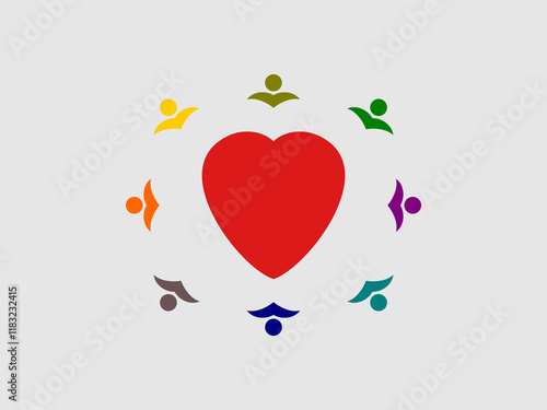 A graphic illustration featuring a red heart at the center
