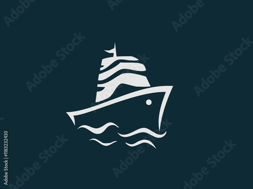 A stylized graphic of a white ship with a curved hull and detailed upper structure