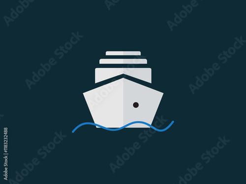 A stylized graphic of a white ship with a curved hull and detailed upper structure