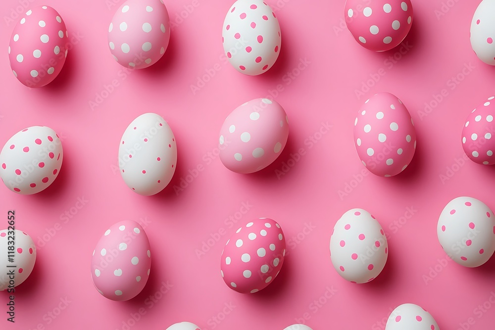 Pattern of pink and white polka dot Easter eggs on pink background Pattern of pink and white polka dot Easter eggs on pink background