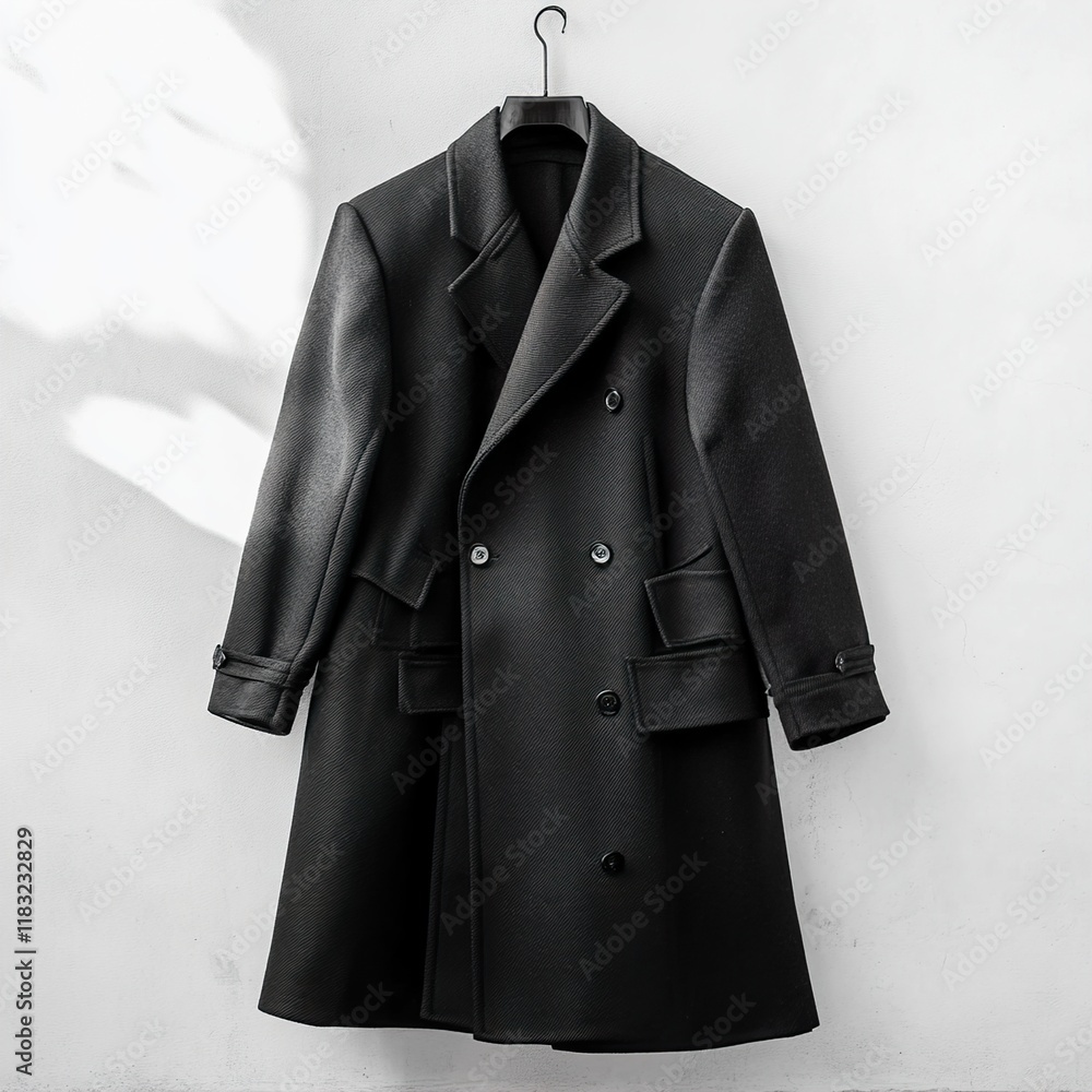 Men's Elegant Black Double-Breasted Wool Coat: Classic Style Men's Elegant Black Double-Breasted Wool Coat: Classic Style