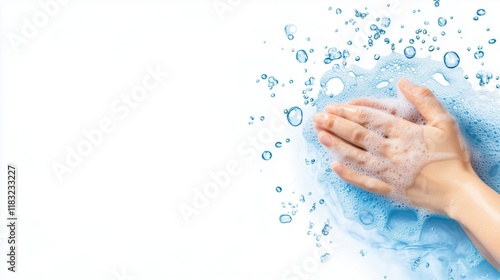 A person washing hands with soap, surrounded by bubbles and water droplets, highlighting cleanliness and hygiene.