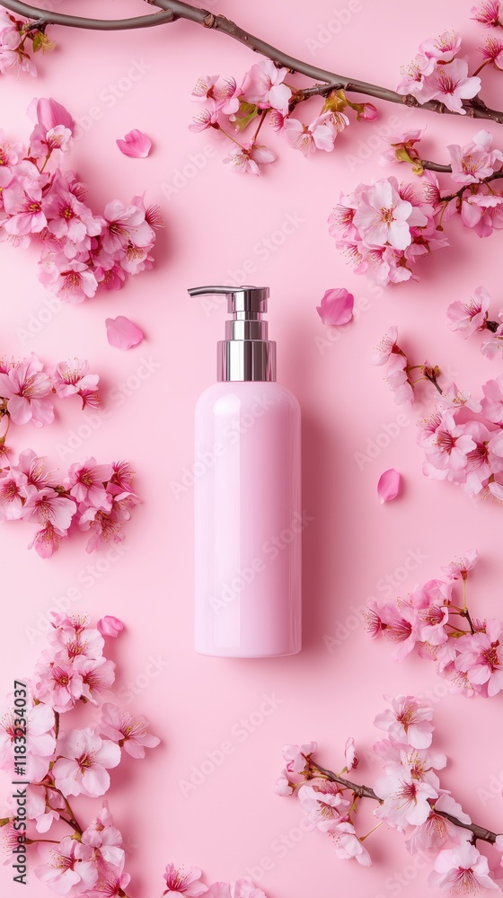 Plain pink plastic pump bottle mockup on pink background with cherry blossom sakura flower. Concept of Fragrant, Soft, Gentle, Mild Plain pink plastic pump bottle mockup on pink background with cherry blossom sakura flower. Concept of Fragrant, Soft, Gentle, Mild